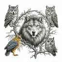 life tree, wolf, phoenix, owl, wolf, lion tattoo design idea