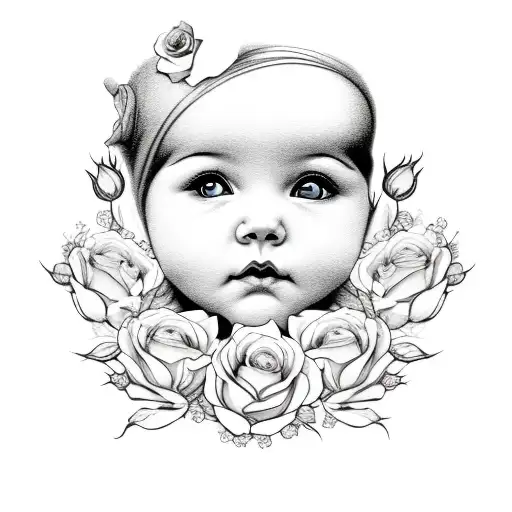 baby girl face with roses and teddy bears surrounding the face tattoo design idea