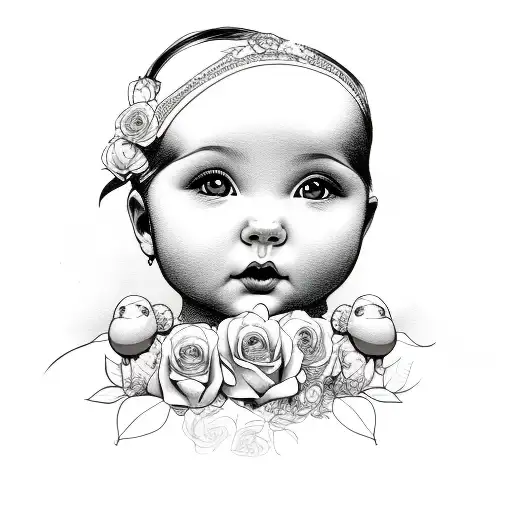 baby girl face with roses and teddy bears surrounding the face tattoo design idea