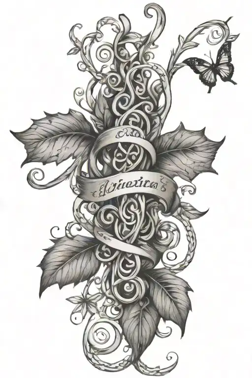 wrap vine with names of God: adonai el roi, jehovah shalom, yahweh, abba, jehovah jireh, and el shadai tattoo design idea