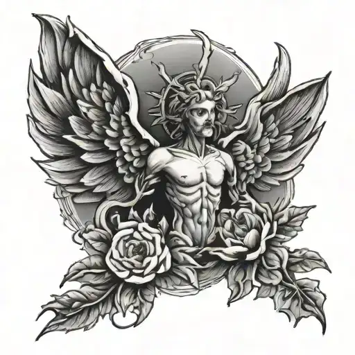 cross with angel garlic tattoo design idea