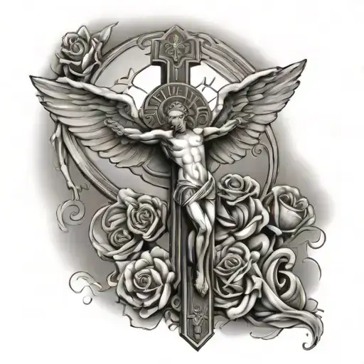 angel crucifix and first name jason tattoo design idea