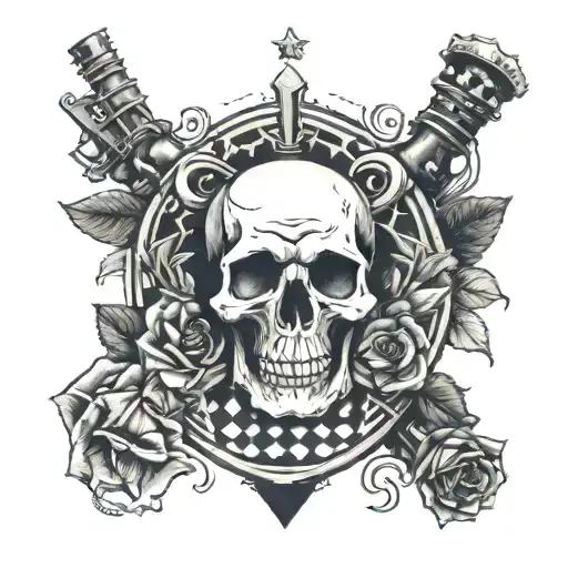skull roses guns chess tattoo design idea