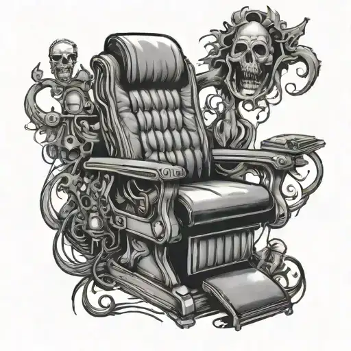 A haunting black and grey tattoo of a therapist's chair with ghostly horror movie characters sitting in it, reflecting your occupation and love for horror movies tattoo design idea