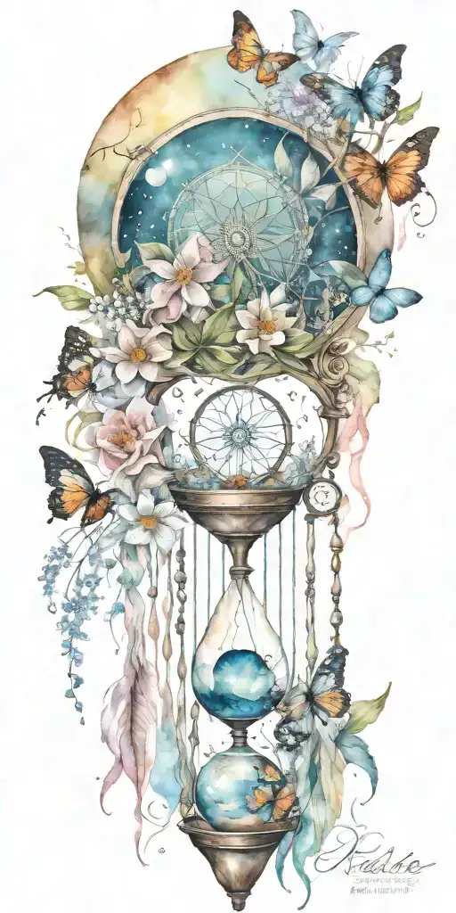 An hourglass moon dream catcher filled with lilies and butterflies Queen Anne's lace  nature tears broken depressed tattoo design idea