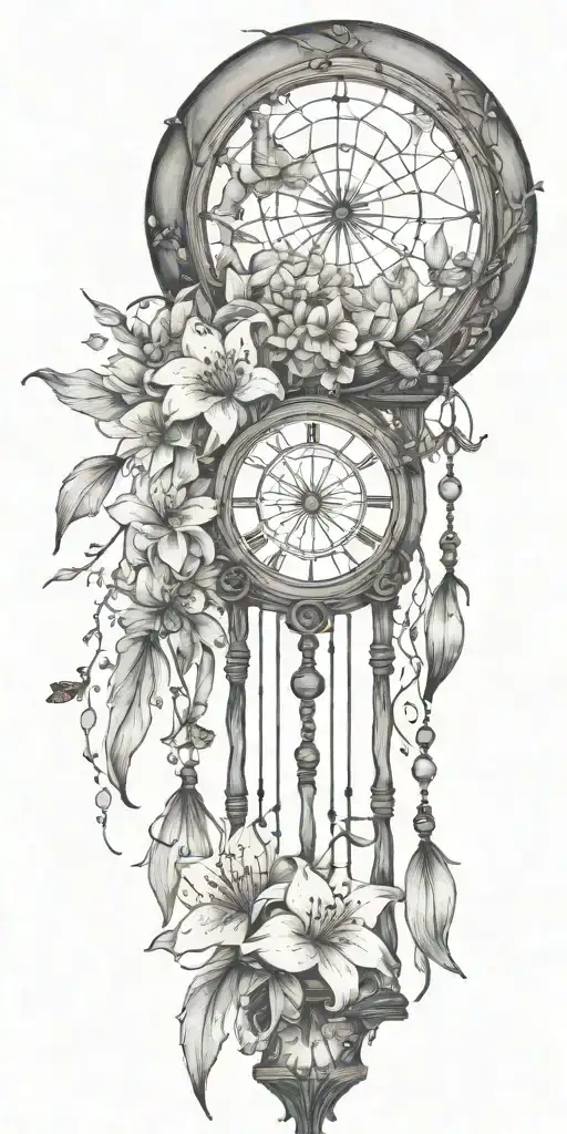 An hourglass moon dream catcher filled with lilies and butterflies Queen Anne's lace  nature tears broken depressed tattoo design idea