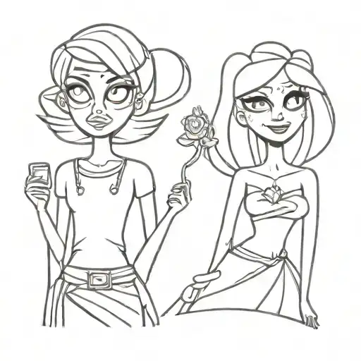 Luci the demon from the male disenchantment series and Erika the barbie from the movie the princess and the commoner tattoo design idea