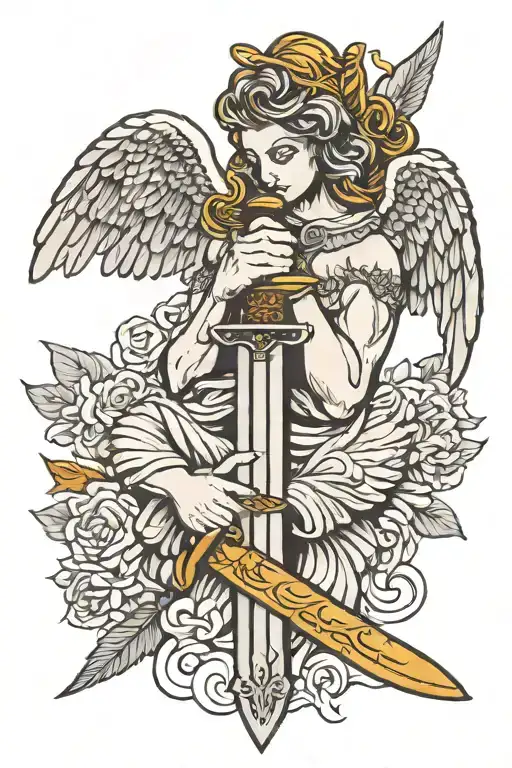 praying hands holding sword with angel wings tattoo design idea