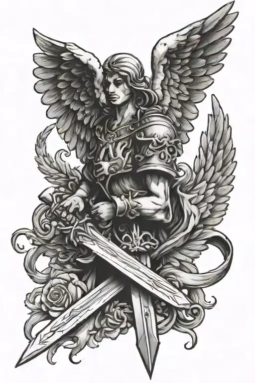 praying hands holding sword with angel wings tattoo design idea