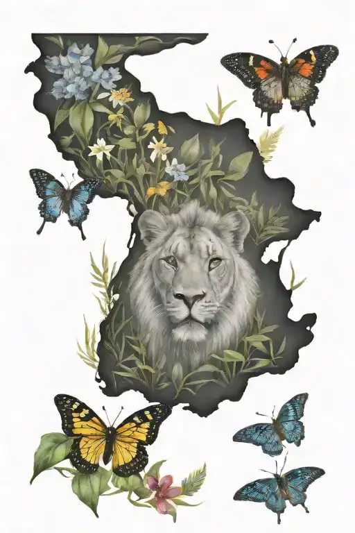 savannah theme, lion, jaguar, black mamba, kudu, a few butterflies, Euryops, Bermuda Grass, Acacia, Great Blue Lobelia,  tattoo design idea
