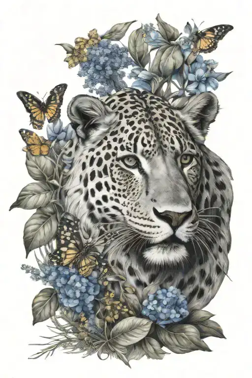 savannah theme, lion, jaguar, black mamba, kudu, a few butterflies, Euryops, Bermuda Grass, Acacia, Great Blue Lobelia,  tattoo design idea