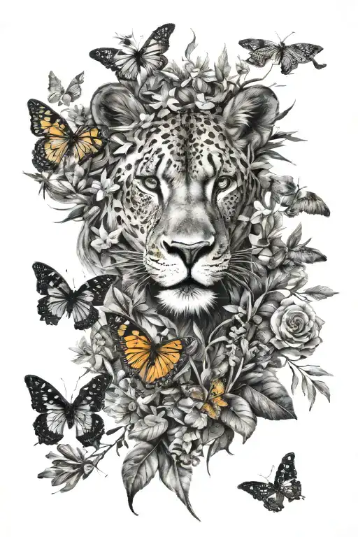 savannah theme, lion with jaguar, black mamba, kudu, butterflies and vegetation tattoo design idea