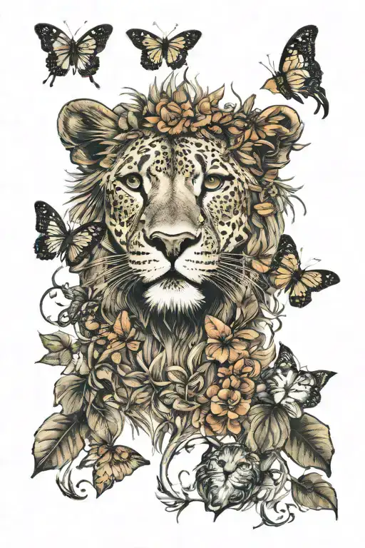 savannah theme, lion with jaguar, butterflies and vegetation tattoo design idea