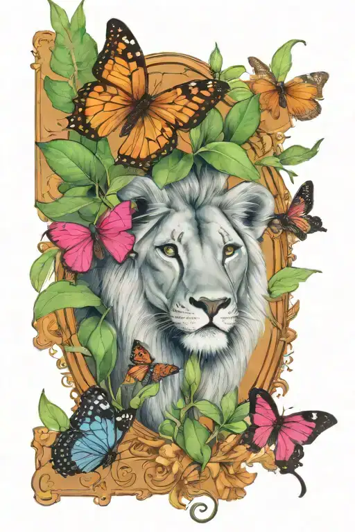 savannah theme, Lion, black Mamba, Kudu, butterfly, Euryops, Bermuda Grass, Acacia, Great Blue Lobelia tattoo design idea