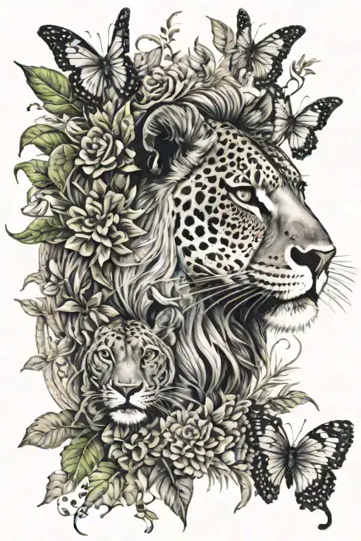 savannah theme, lion with jaguar, butterflies and vegetation tattoo design idea