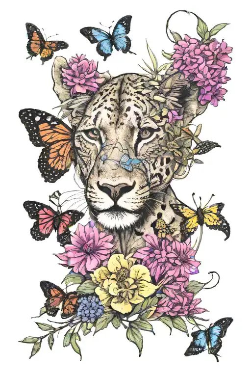 savannah theme, Lioness, black Mamba, Kudu, butterfly, Euryops, Bermuda Grass, Acacia, Great Blue Lobelia tattoo design idea
