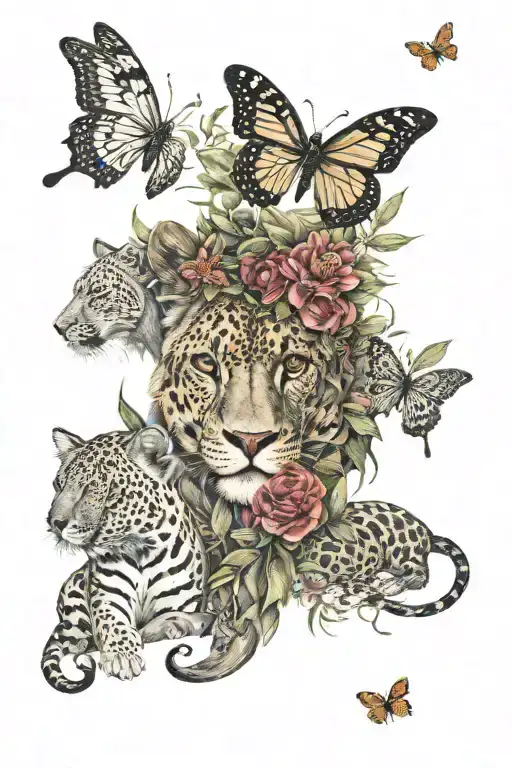 savannah theme, lion with jaguar, black mamba, kudu, a few butterflies and vegetation tattoo design idea