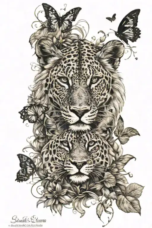 savannah theme, lion with jaguar, black mamba, kudu, a few butterflies and vegetation tattoo design idea