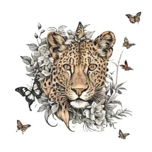 savannah theme, lion with jaguar, black mamba, kudu, a few butterflies and vegetation tattoo design idea