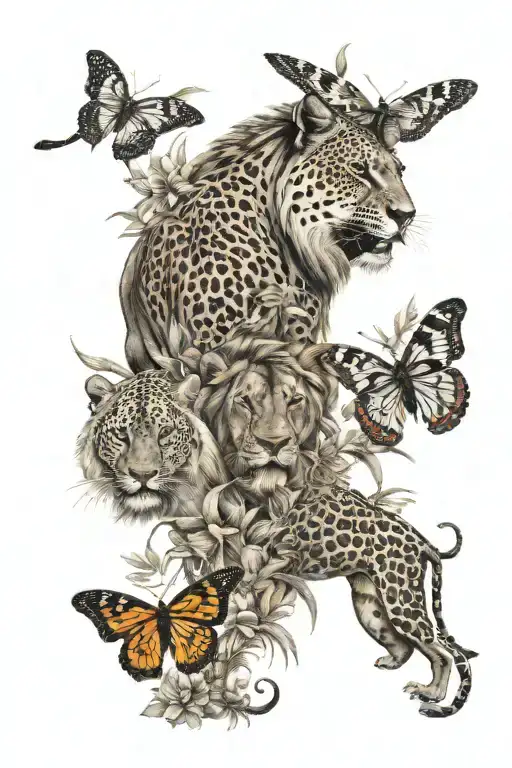 savannah theme, lion with jaguar, black mamba, kudu, butterflies and vegetation tattoo design idea