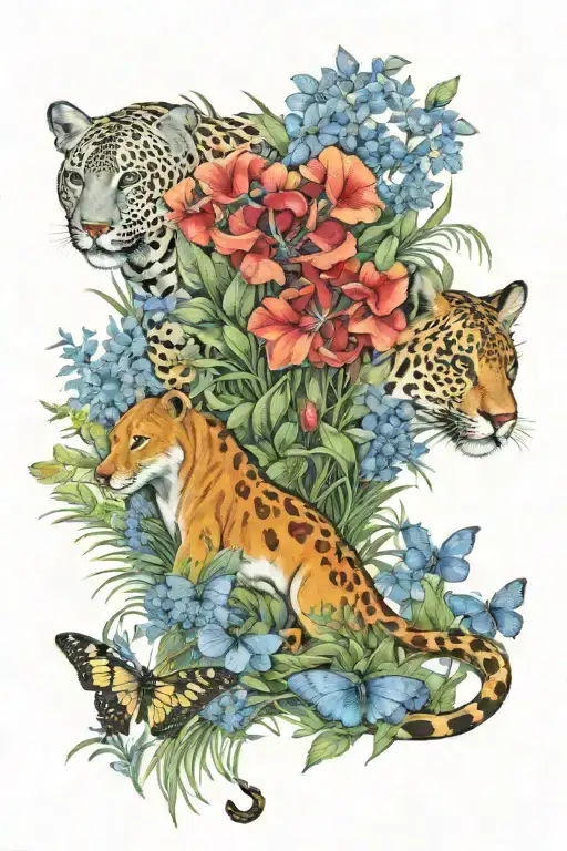 savannah theme, lion, jaguar, black mamba, kudu, a few butterflies, Euryops, Bermuda Grass, Acacia, Great Blue Lobelia,  tattoo design idea