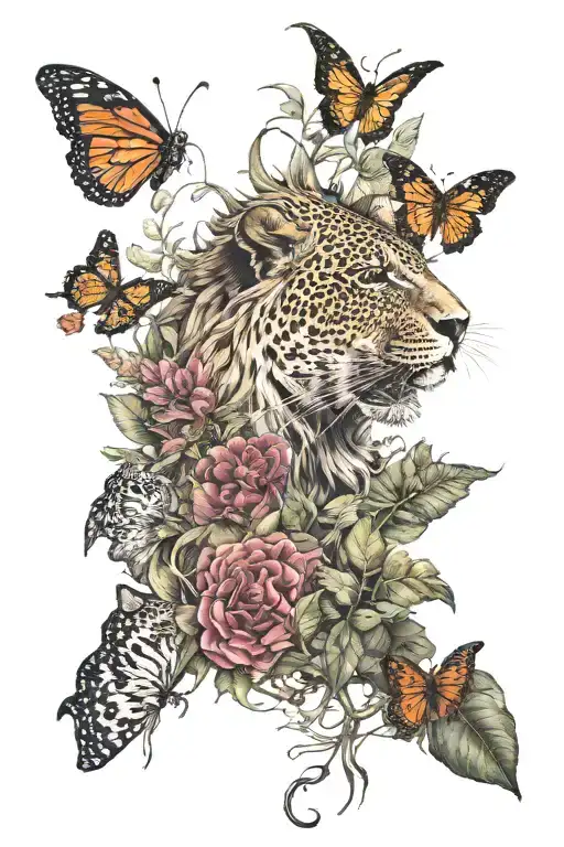 savannah theme, lion with jaguar, black mamba, kudu, a few butterflies and vegetation tattoo design idea