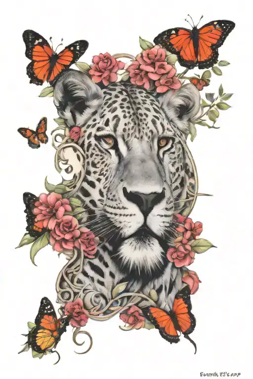 savannah theme, lion, jaguar, black mamba, kudu, a few butterflies and vegetation tattoo design idea