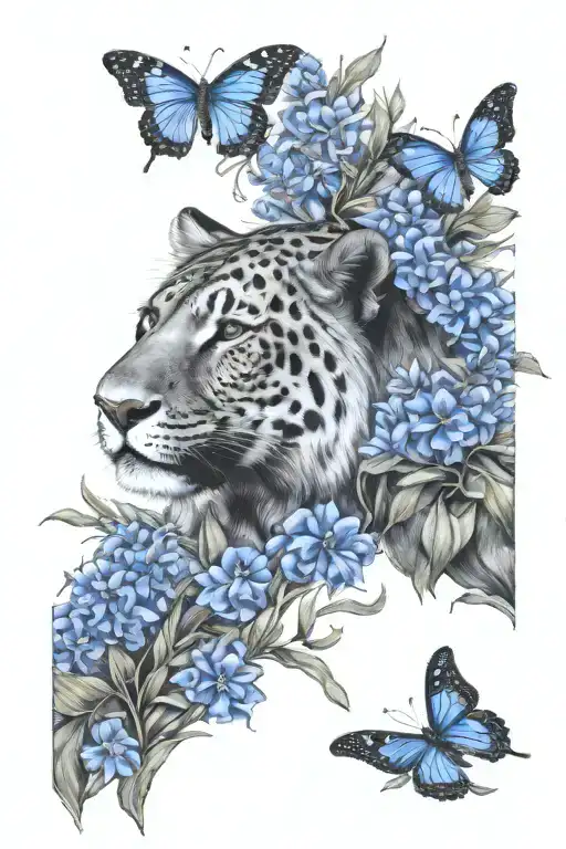 savannah theme, Lion, Jaguar, black Mamba, Kudu, butterfly, Euryops, Bermuda Grass, Acacia, Great Blue Lobelia tattoo design idea