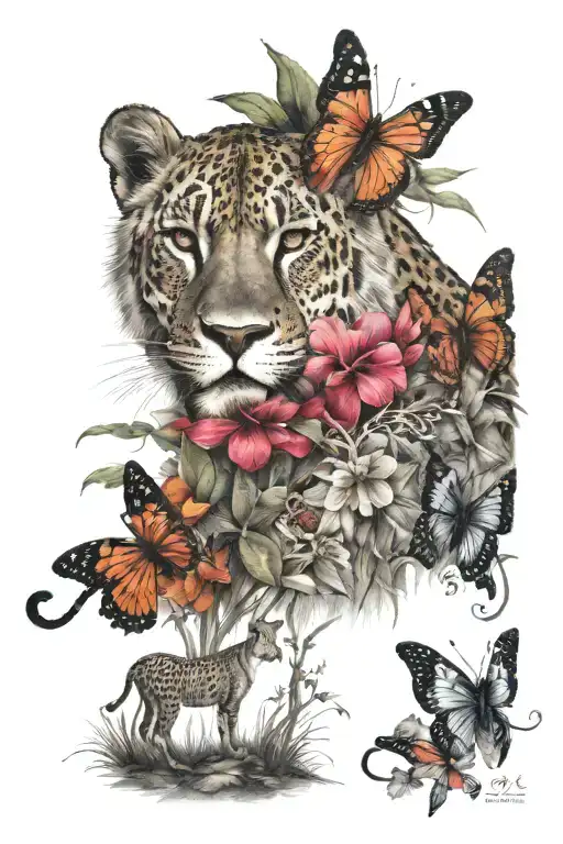 savannah theme, lion, jaguar, black mamba, kudu, a few butterflies and vegetation tattoo design idea