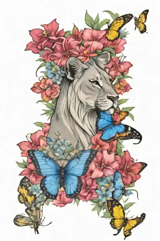 savannah theme, Lion, black Mamba, Kudu, butterfly, Euryops, Bermuda Grass, Acacia, Great Blue Lobelia tattoo design idea