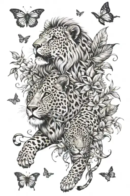 savannah theme, lion with jaguar, butterflies and vegetation tattoo design idea