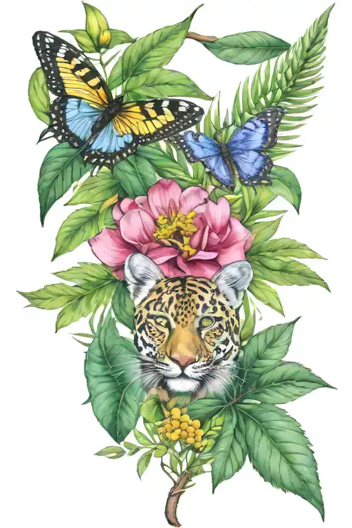 savannah theme, Lion, Jaguar, black Mamba, Kudu, butterfly, Euryops, Bermuda Grass, Acacia, Great Blue Lobelia tattoo design idea