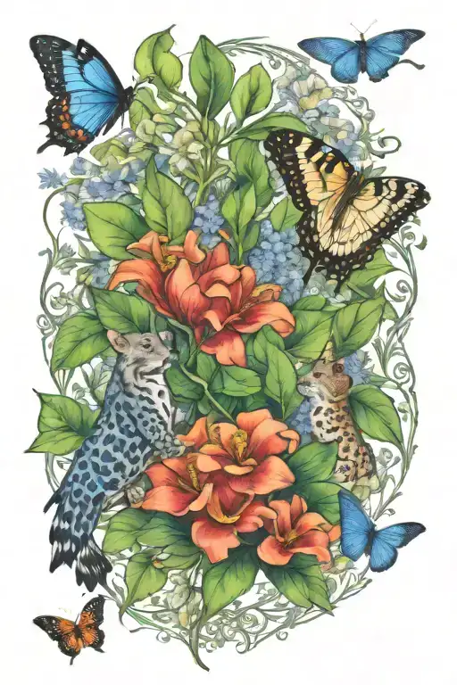 savannah theme, lion, jaguar, black mamba, kudu, a few butterflies, Euryops, Bermuda Grass, Acacia, Great Blue Lobelia,  tattoo design idea