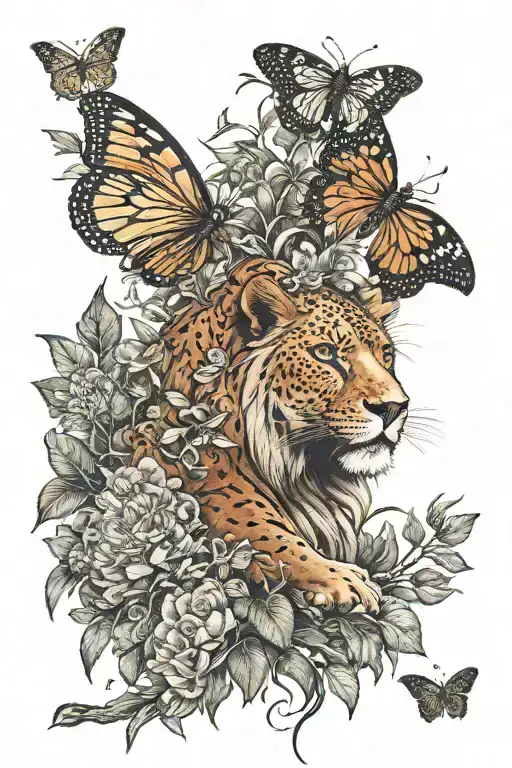 savannah theme, lion with jaguar, butterflies and vegetation tattoo design idea