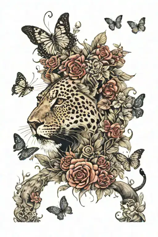 savannah theme, lion with jaguar, black mamba, kudu, a few butterflies and vegetation tattoo design idea