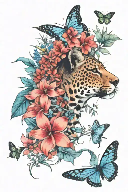 savannah theme, lion, jaguar, black mamba, kudu, a few butterflies, Euryops, Bermuda Grass, Acacia, Great Blue Lobelia,  tattoo design idea