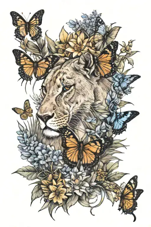 savannah theme, Lioness, black Mamba, Kudu, butterfly, Euryops, Bermuda Grass, Acacia, Great Blue Lobelia tattoo design idea