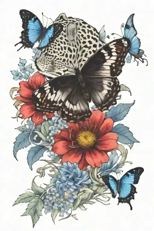 savannah theme, lion, jaguar, black mamba, kudu, a few butterflies, Euryops, Bermuda Grass, Acacia, Great Blue Lobelia,  tattoo design idea