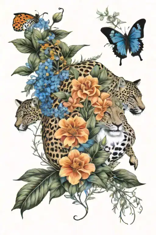 savannah theme, lion, jaguar, black mamba, kudu, a few butterflies, Euryops, Bermuda Grass, Acacia, Great Blue Lobelia,  tattoo design idea