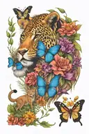 savannah theme, lion, jaguar, black mamba, kudu, a few butterflies, Euryops, Bermuda Grass, Acacia, Great Blue Lobelia,  tattoo design idea