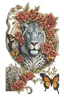 savannah theme, lion, jaguar, black mamba, kudu, a few butterflies, Euryops, Bermuda Grass, Acacia, Great Blue Lobelia,  tattoo design idea