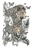 savannah theme, lion with jaguar, black mamba, kudu, a few butterflies and vegetation tattoo design idea