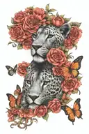 savannah theme, lion, jaguar, black mamba, kudu, a few butterflies and vegetation tattoo design idea