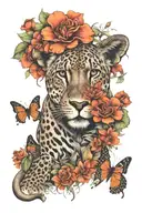 savannah theme, lion, jaguar, black mamba, kudu, a few butterflies and vegetation tattoo design idea
