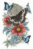 savannah theme, lion, jaguar, black mamba, kudu, a few butterflies, Euryops, Bermuda Grass, Acacia, Great Blue Lobelia,  tattoo design idea