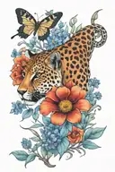 savannah theme, lion, jaguar, black mamba, kudu, a few butterflies, Euryops, Bermuda Grass, Acacia, Great Blue Lobelia,  tattoo design idea