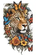 savannah theme, lion, jaguar, black mamba, kudu, a few butterflies and vegetation tattoo design idea