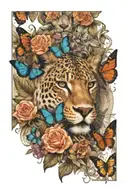savannah theme, lion, jaguar, black mamba, kudu, a few butterflies and vegetation tattoo design idea