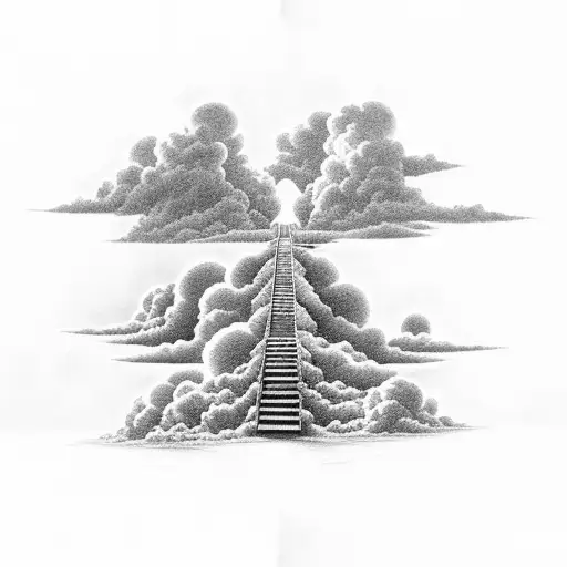 stairway to heaven with heaven gates and "Rip" written on steps in the clouds tattoo design idea