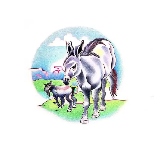 A traditional tattoo of a mother donkey and her baby, with arum lillies accentuating the design tattoo design idea